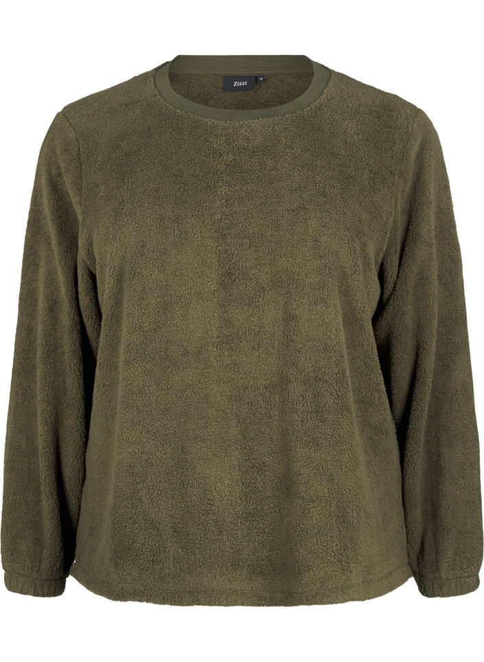 Lockere Teddy-Bluse mit Rundhalsausschnitt, Forest Night, Packshot image number 0