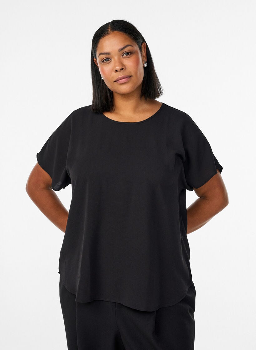 Bluse mit kurzen &Auml;rmeln und Rundhalsausschnitt, Schwarz, Model image number 0