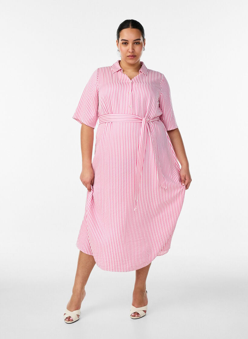 Kn&ouml;chellanges Hemdblusenkleid mit Bindeg&uuml;rtel und Streifen, Pink, Model image number 0