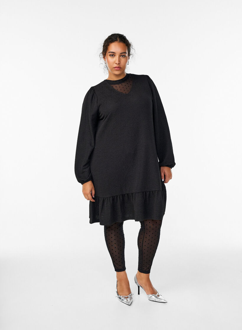 Mesh-Leggings mit Velourspunkten, Schwarz, Model image number 0