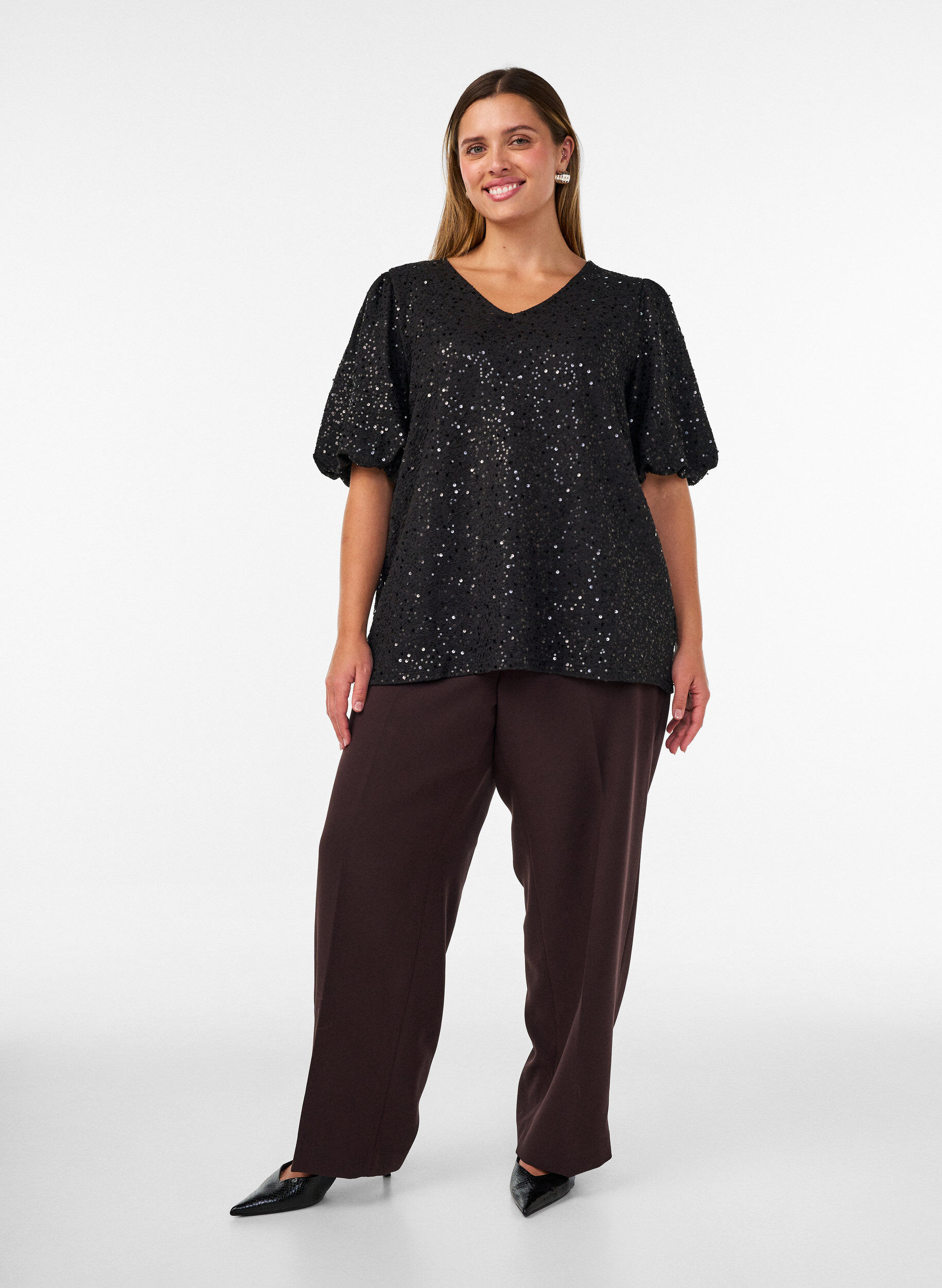 ZizziPaillettenbluse mit Ballon&auml;rmeln, Schwarz, Model image number 1