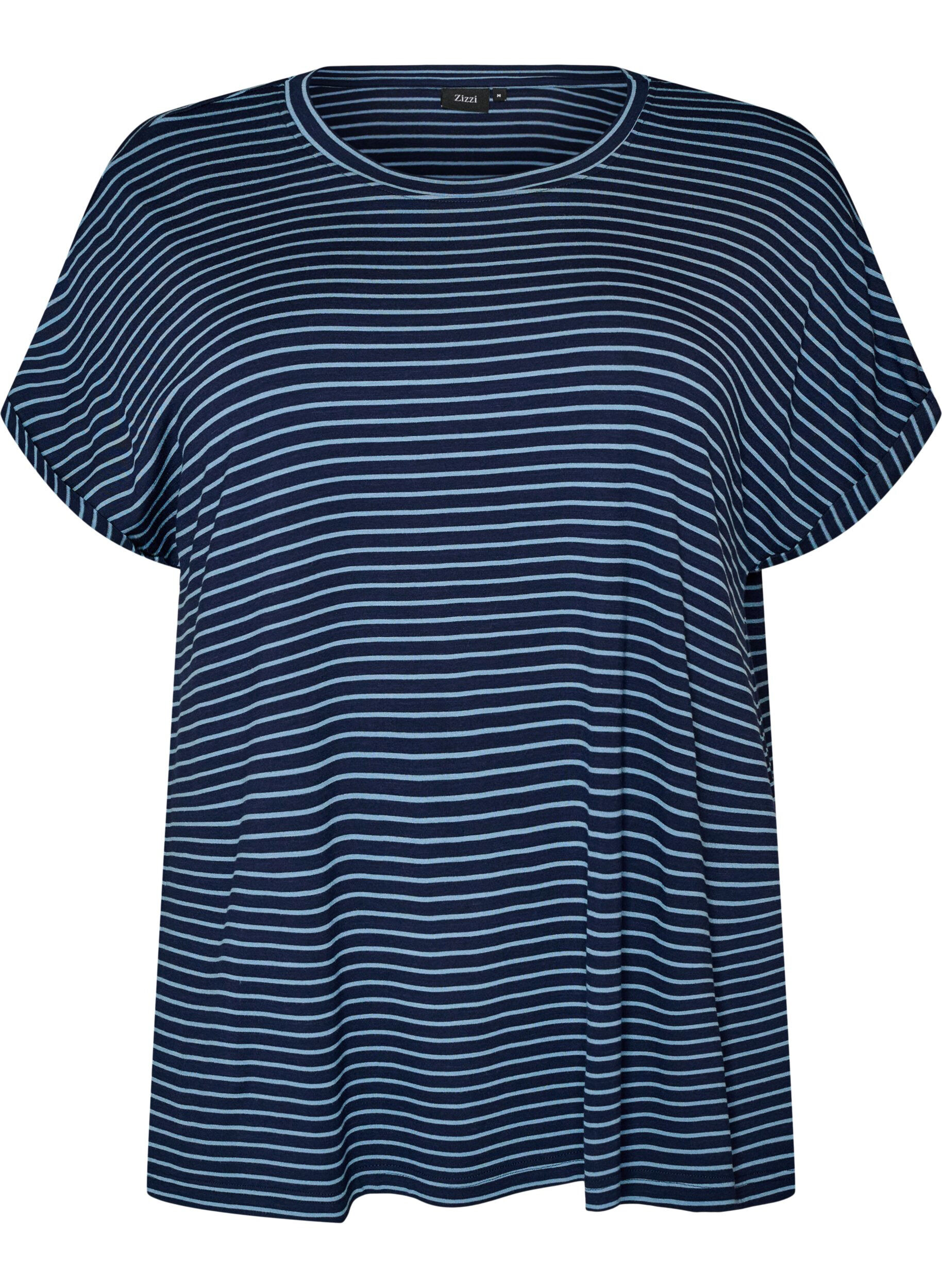 ZizziGestreiftes T-Shirt aus Viskose mit Rundhalsausschnitt, Blau, Packshot image number 0