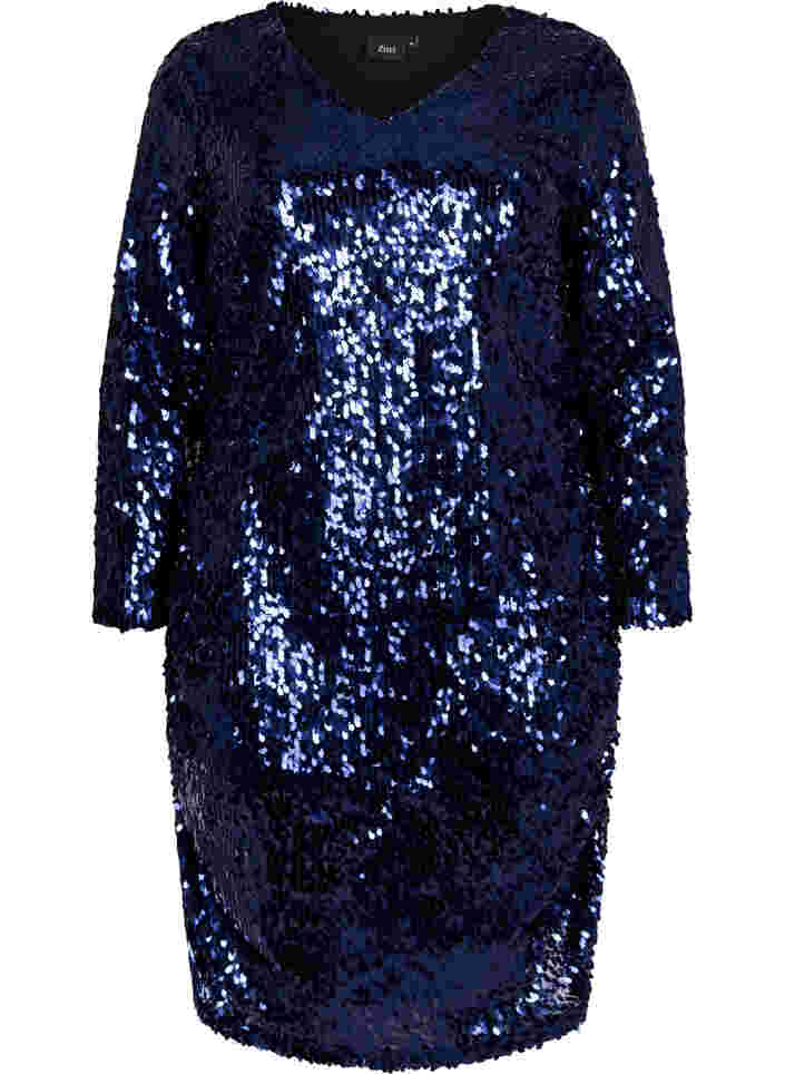 Kleid mit Pailletten und V-Ausschnitt, Evening Blue, Packshot image number 0