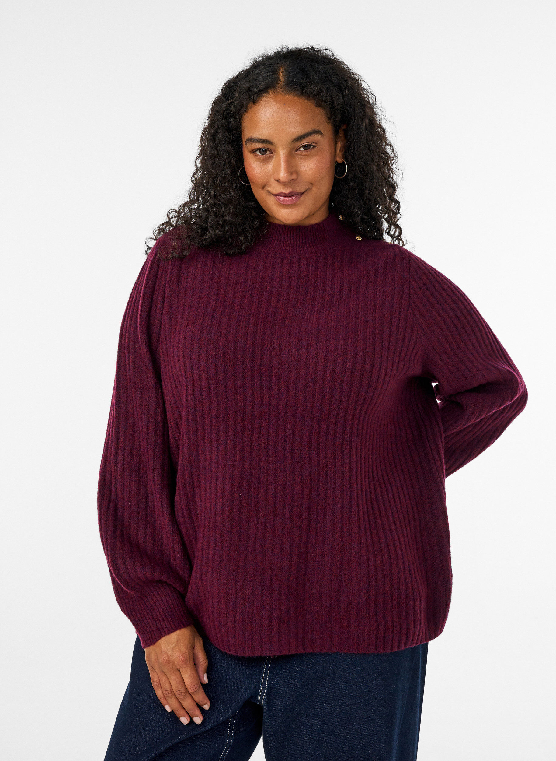 ZizziPullover aus Rippstrick mit Puff&auml;rmeln und Kn&ouml;pfen, Dunkles Bordeaux, Model image number 0