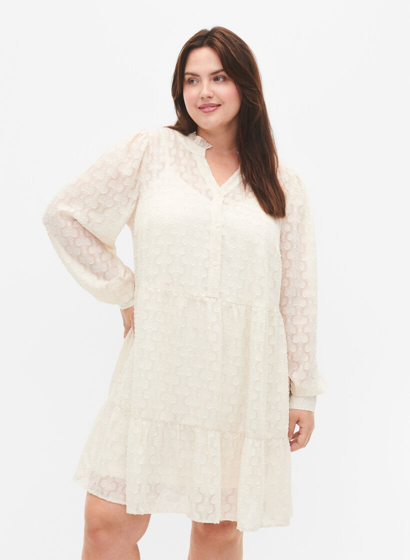 Jacquard-Kleid mit Rüschenkragen, Birch, Model image number 0