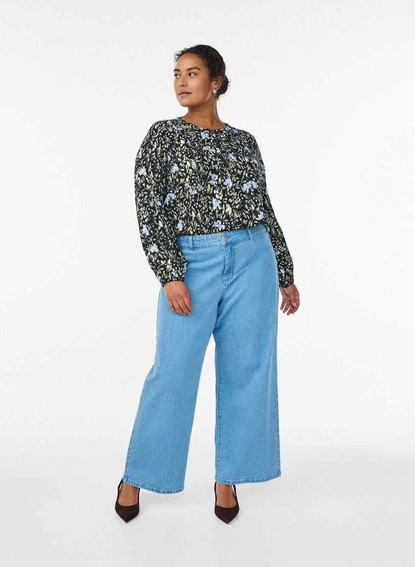 Langarmbluse mit Muster und Kn&ouml;pfen, Schwarz, Model image number 1