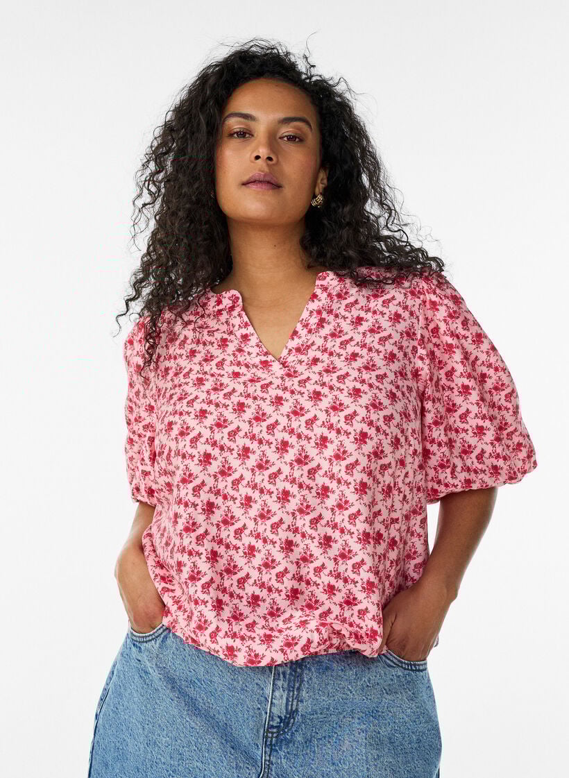 Gebl&uuml;mte Bluse aus Viskose mit Ballon&auml;rmeln, Rot, Model image number 0