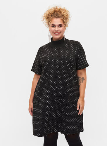 Kurzärmeliges Kleid mit Strasssteinen, Black, Model image number 0