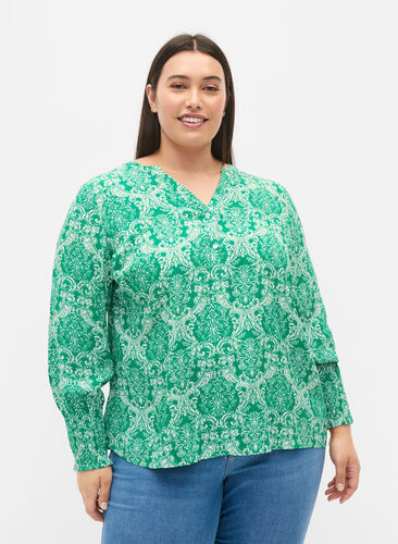 Bluse aus Viskose mit Print und Smock, Jolly Green Oriental, Model image number 0