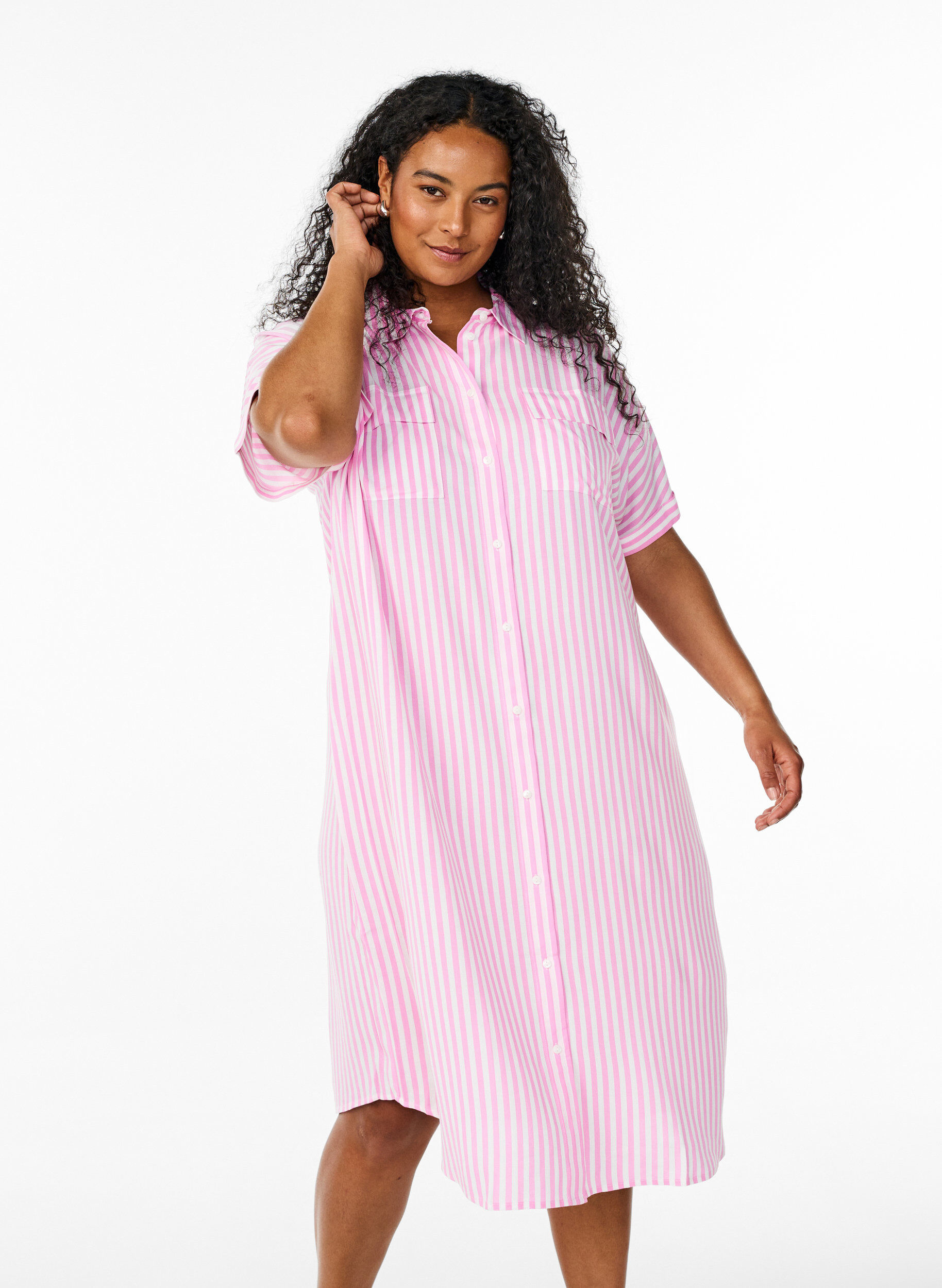 ZizziFLASH - Langes Hemdkleid mit kurzen &Auml;rmeln, Pink, Model image number 0