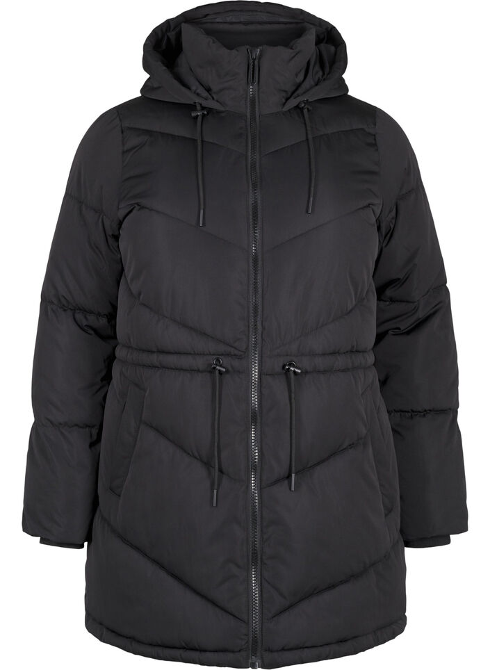 Mittellange Pufferjacke mit Kapuze, Black, Packshot image number 0