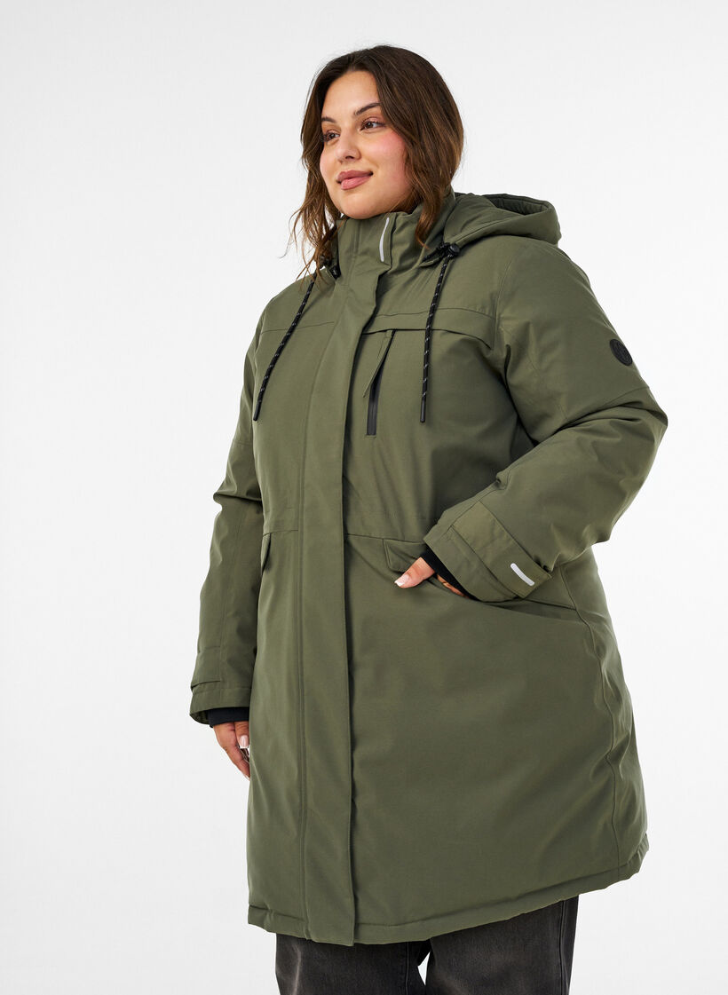 Wasserabweisender Parka mit Kapuze und funktionalen Details, Gr&uuml;n, Model image number 0
