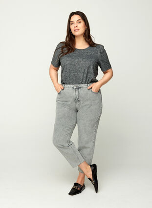 Cropped Mom Fit Mille Jeans mit lockerer Passform, Grey acid wash, Model image number 0