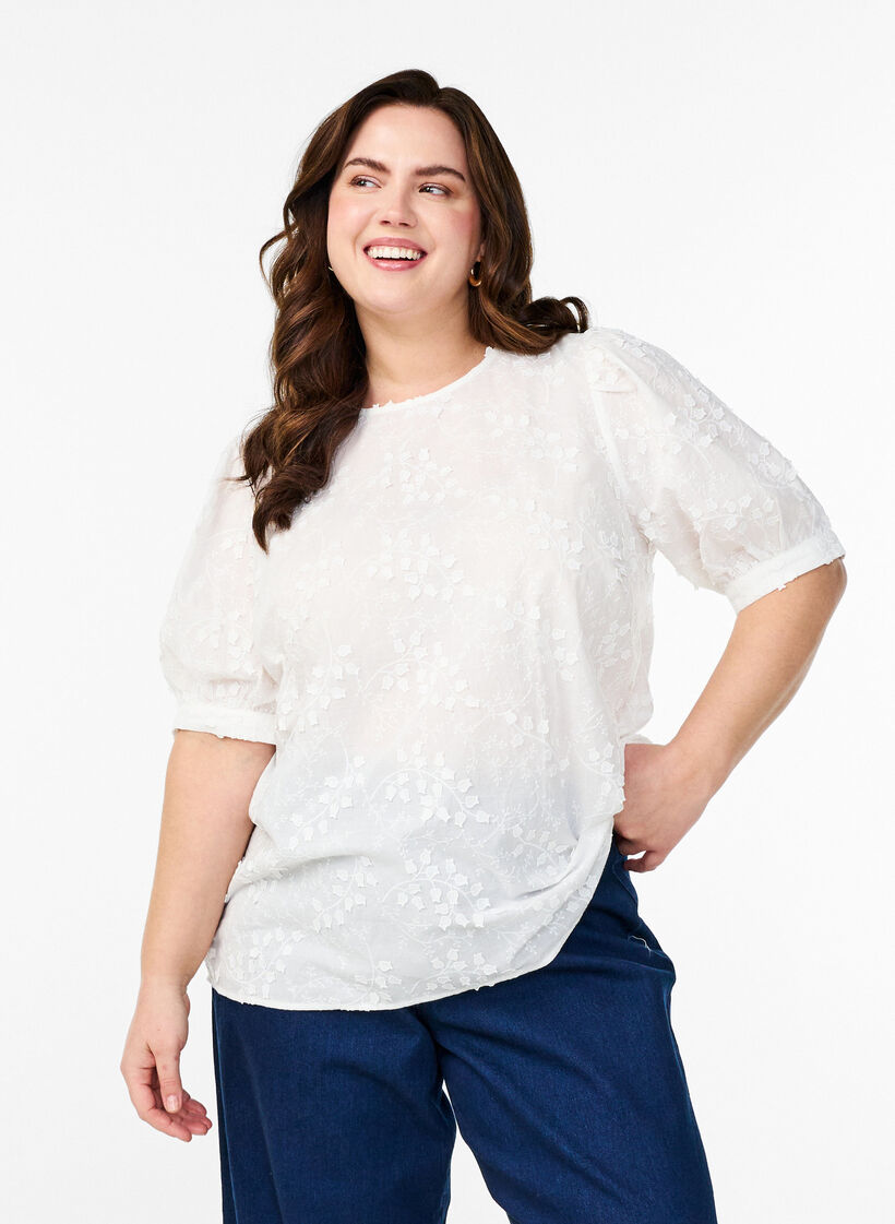 Bluse mit kurzen Ärmeln, Stickerei und Rundhalsausschnitt, Weiß, Model image number 0