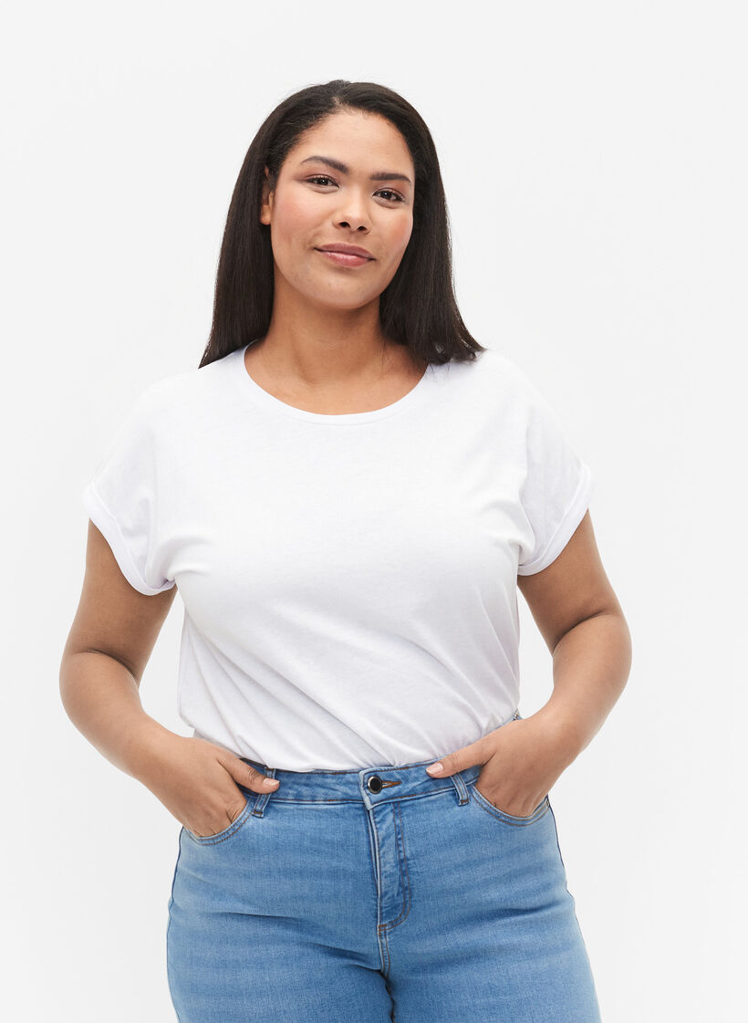 Kurzärmeliges T-Shirt aus einer Baumwollmischung, Bright White, Model