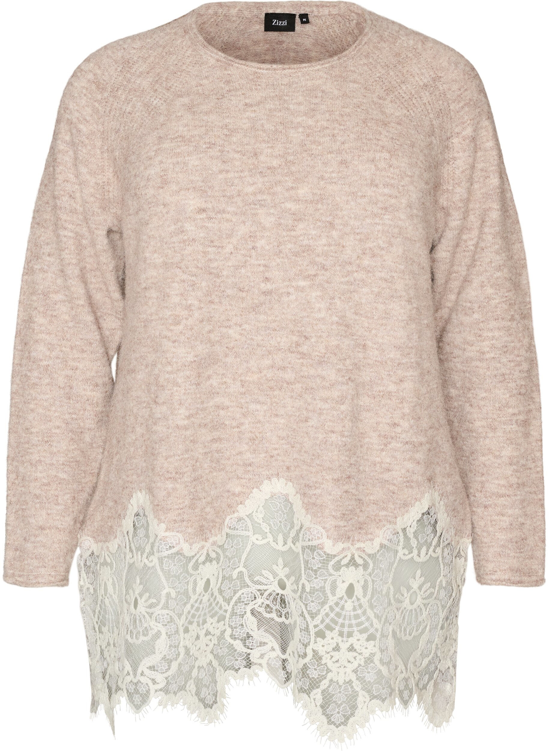 Strickpullover mit Raglan&auml;rmeln und breitem Spitzenbesatz