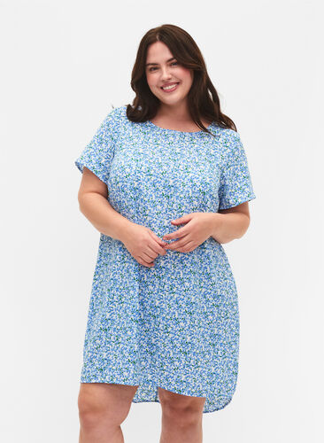 Kleid mit Aufdruck und kurzen Ärmeln, Blue Small Flower, Model image number 0