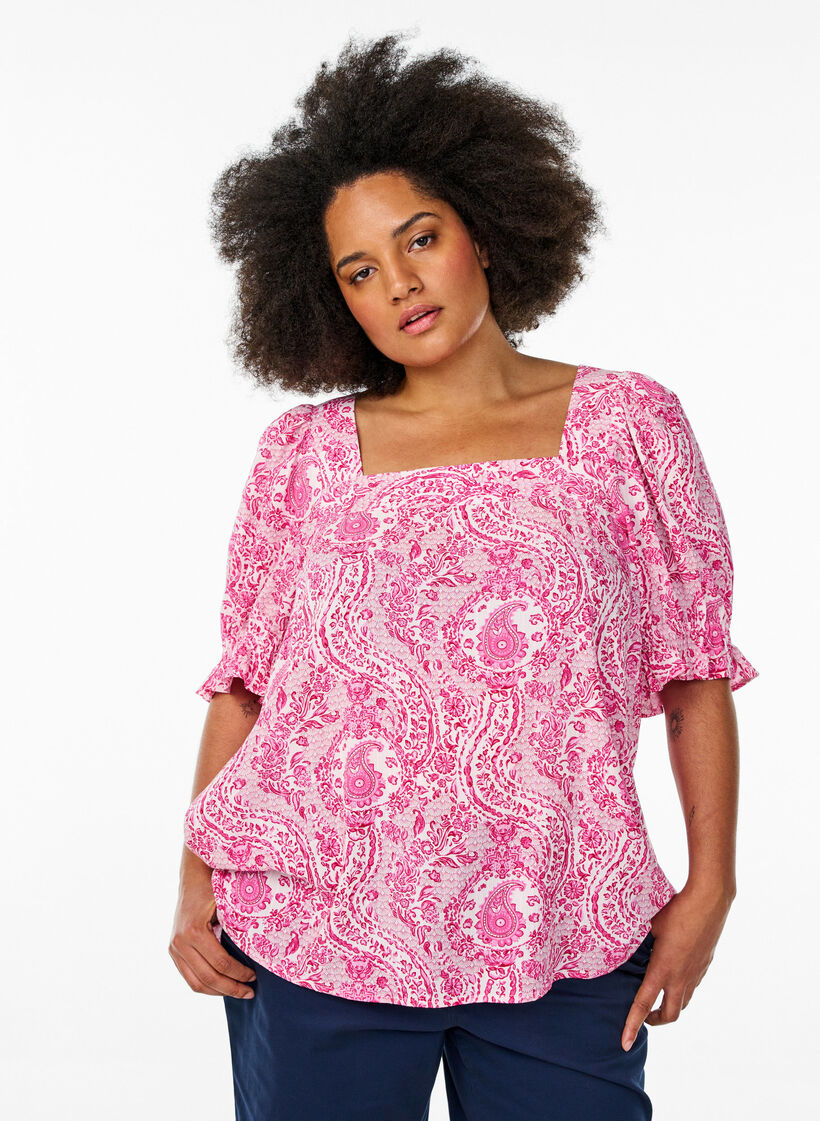 Viskose-Bluse mit Paisley-Print und eckigem Ausschnitt, Pink, Model image number 0