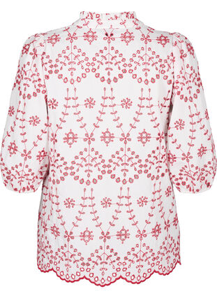 Bluse mit 3/4-Ärmeln und kontrastierender Anglais-Stickerei, White w. Red, Packshot image number 1