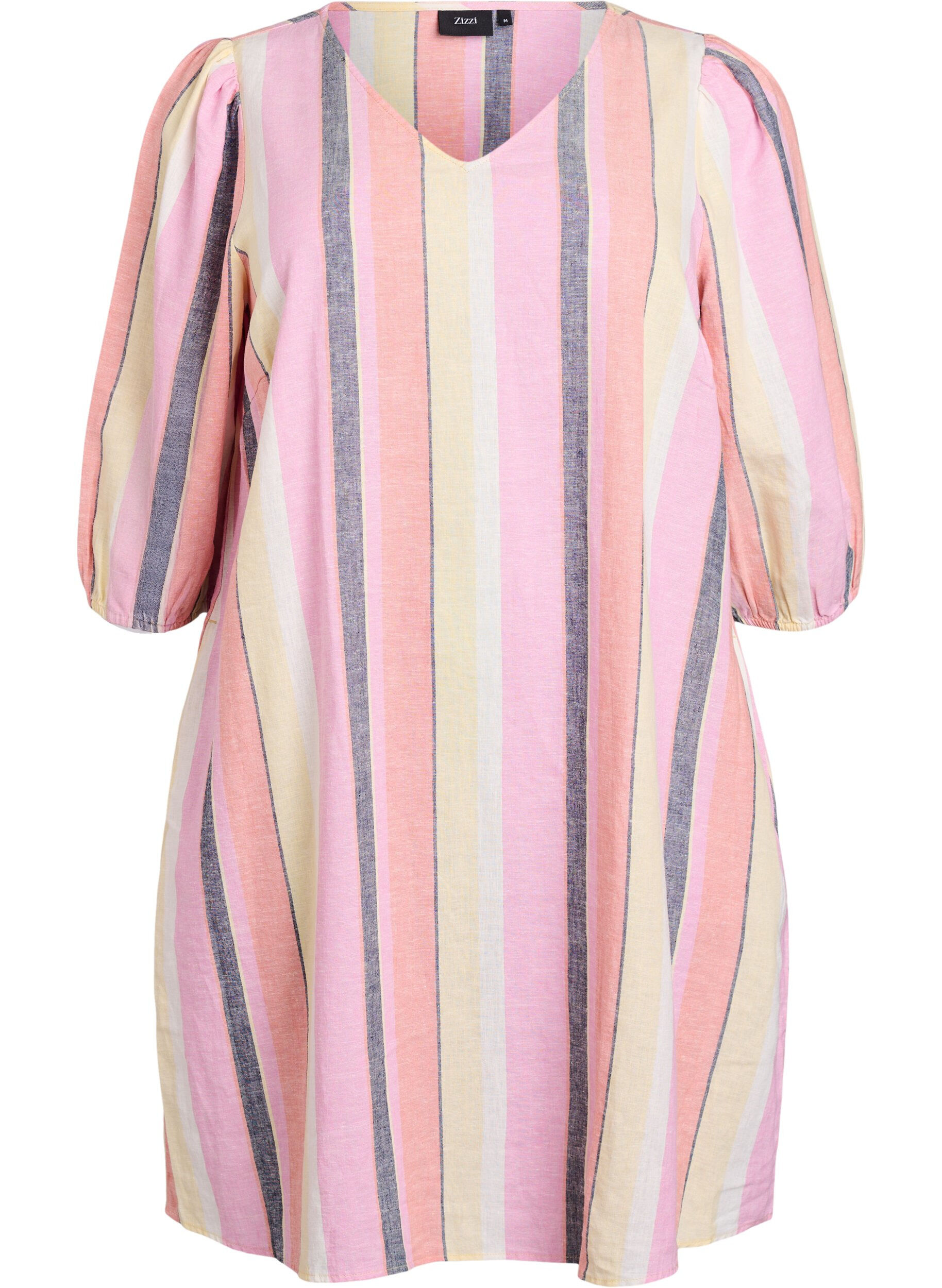 ZizziKleid aus Leinen und Viskose mit 3/4-&Auml;rmeln, Gelb, Packshot image number 0