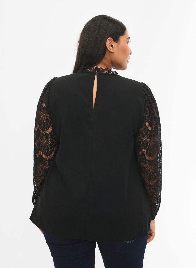 Langärmelige Bluse mit Spitze, Black, Model image number 1