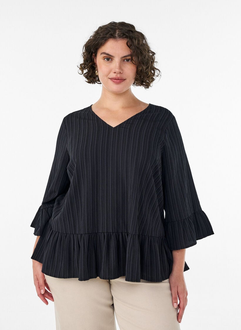 Bluse mit Struktur, V-Ausschnitt und R&uuml;schen, Schwarz, Model image number 0
