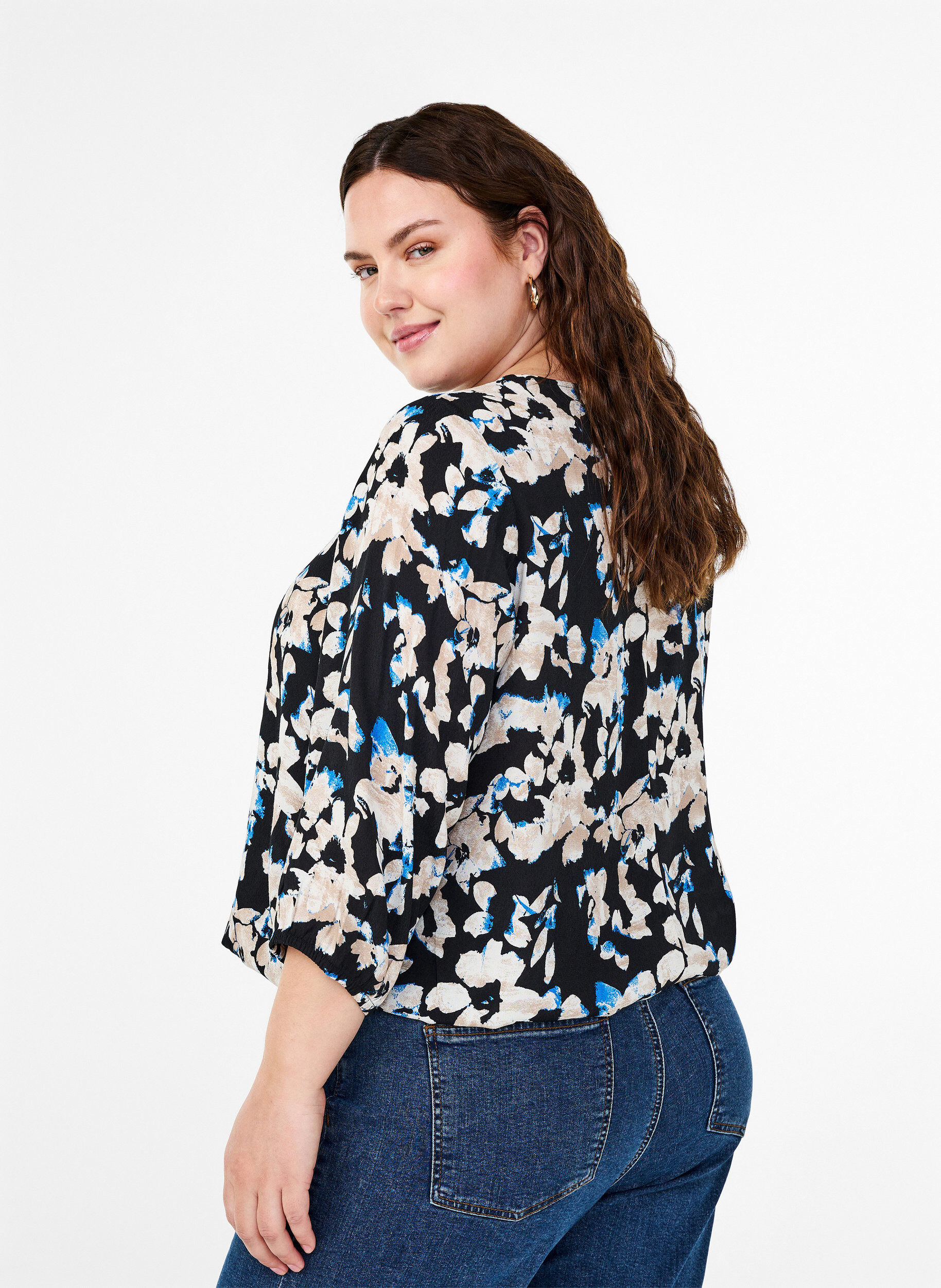 Zizzi Viskosebluse mit Print und Kittel, Schwarz, Model image number 2