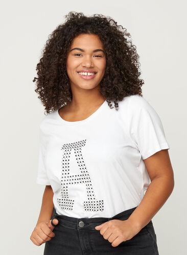 Baumwoll T-Shirt mit Nieten, Bright White, Model image number 0
