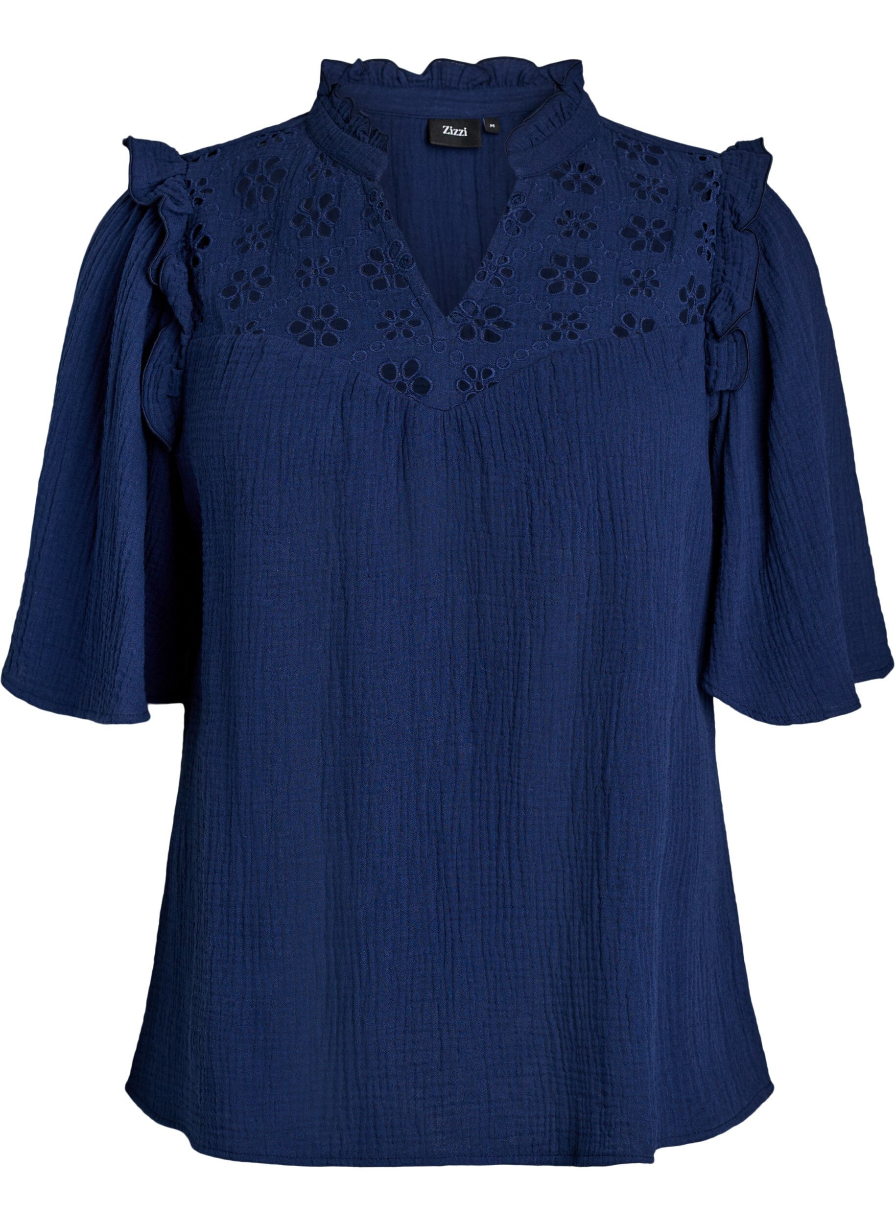 ZizziBluse aus Baumwoll-Musselin mit Broderie Anglaise und 1/2-&Auml;rmeln, Blau, Packshot image number 0