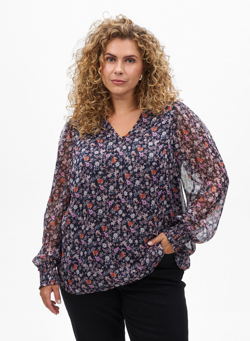 Bluse mit geblümtem Print und Glitzerfaden, Blau, Model image number 0