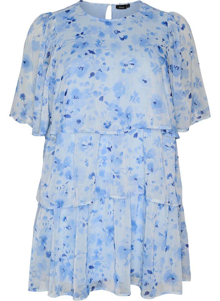 Kurzes Kleid in Chiffon-Optik mit Blumenprint und Volantlagen, Blau, Packshot image number 0