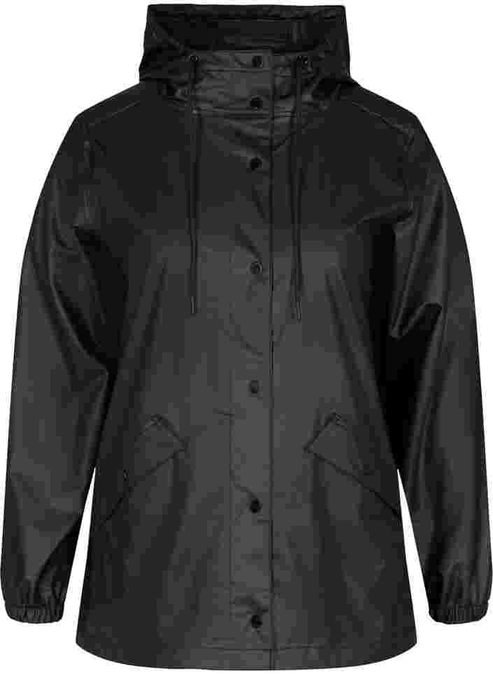 Kurze Regenjacke mit Kapuze und Knopfverschluss, Black, Packshot image number 0