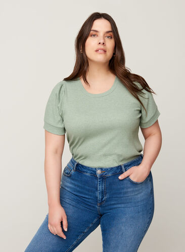 Kurzarm Ripp T-Shirt aus Viskosemischung, Lily Pad, Model image number 0
