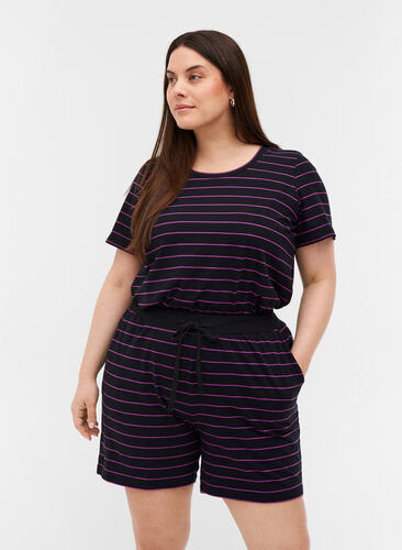 Lockere Shorts aus Baumwolle mit Streifen, Black w. Purple, Model image number 0