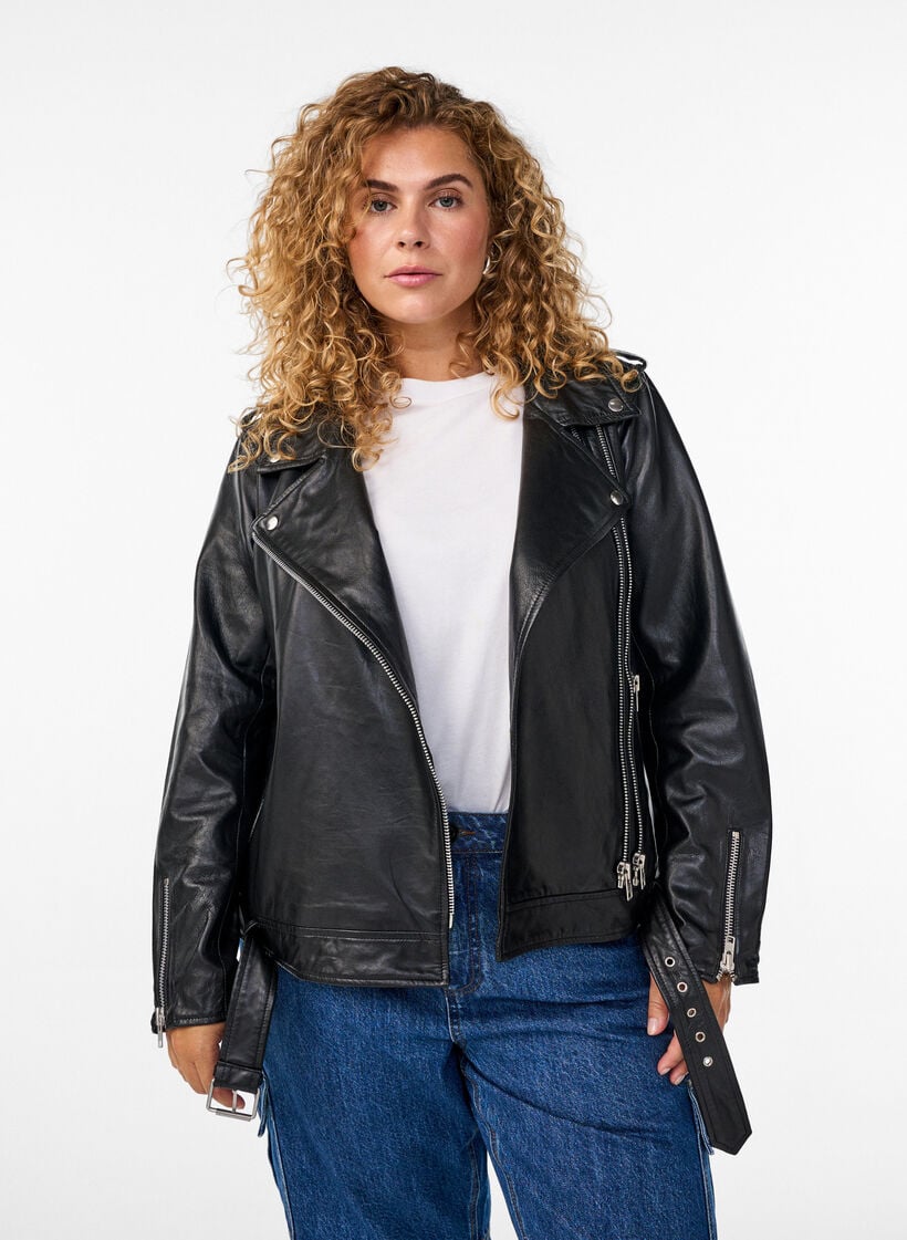 Leder-Bikerjacke mit G&uuml;rtel, Schwarz, Model image number 0
