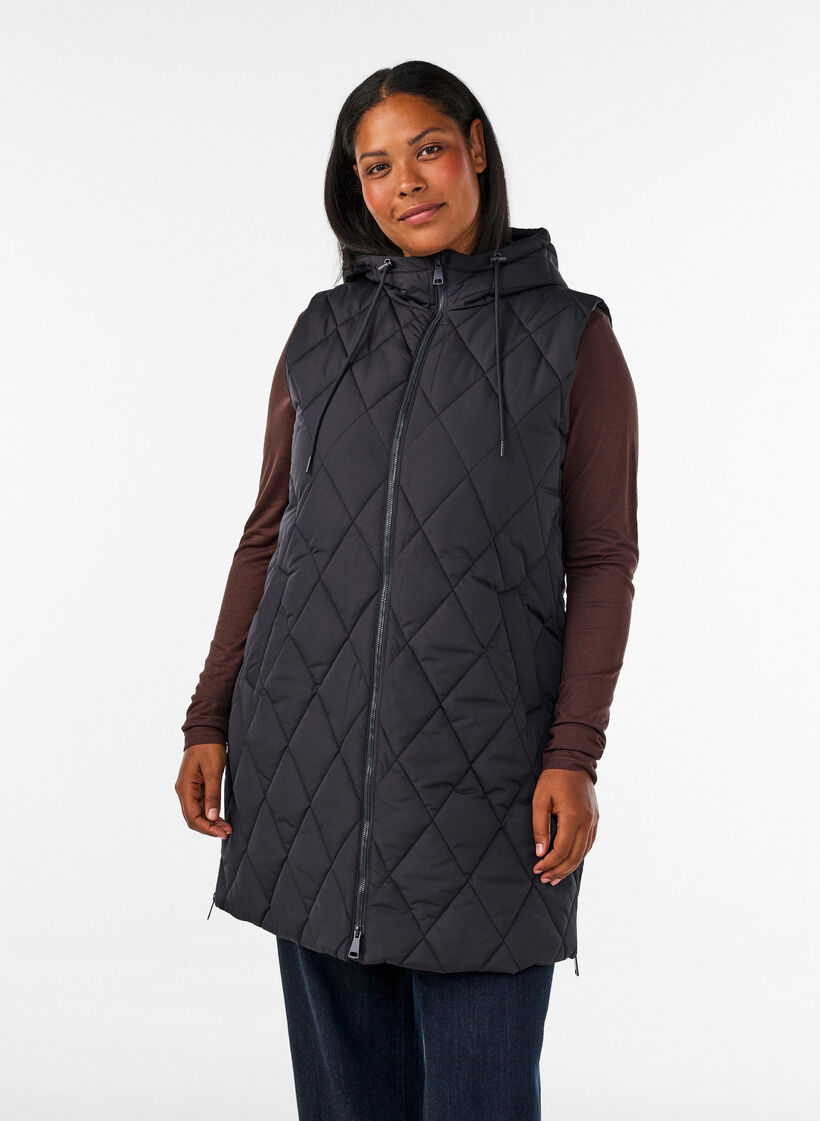Mittellange Steppweste mit Kapuze, Schwarz, Model image number 0