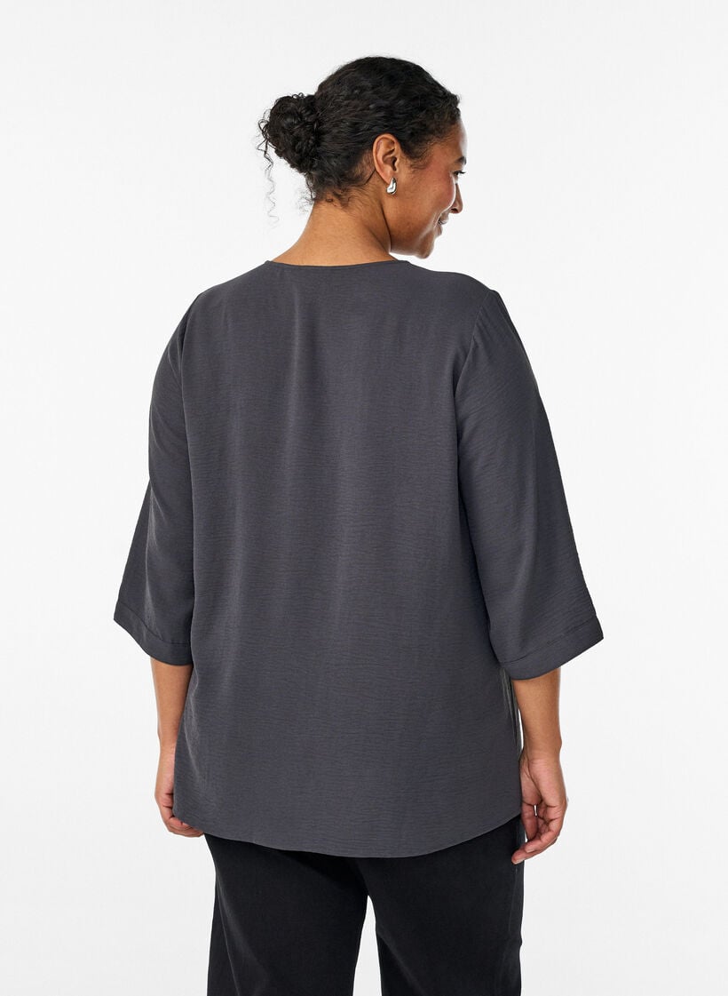 Shirt blouse with V-neck and 3/4 sleeves, Dark Grey, Model image number 2