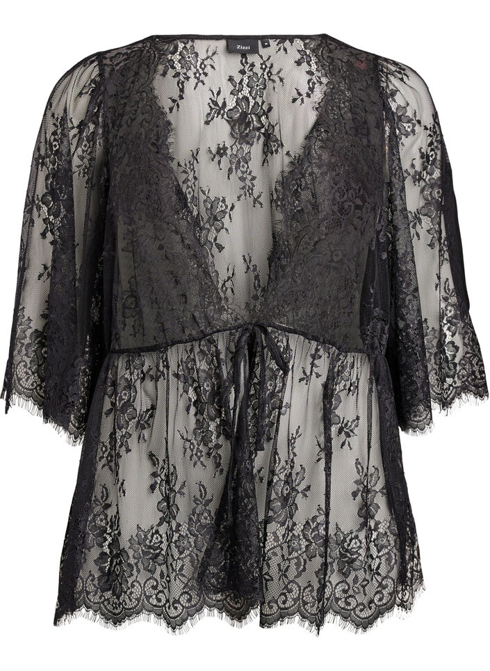 Spitzentop mit Bindedetail und 3/4-Ärmeln, Schwarz, Packshot image number 0