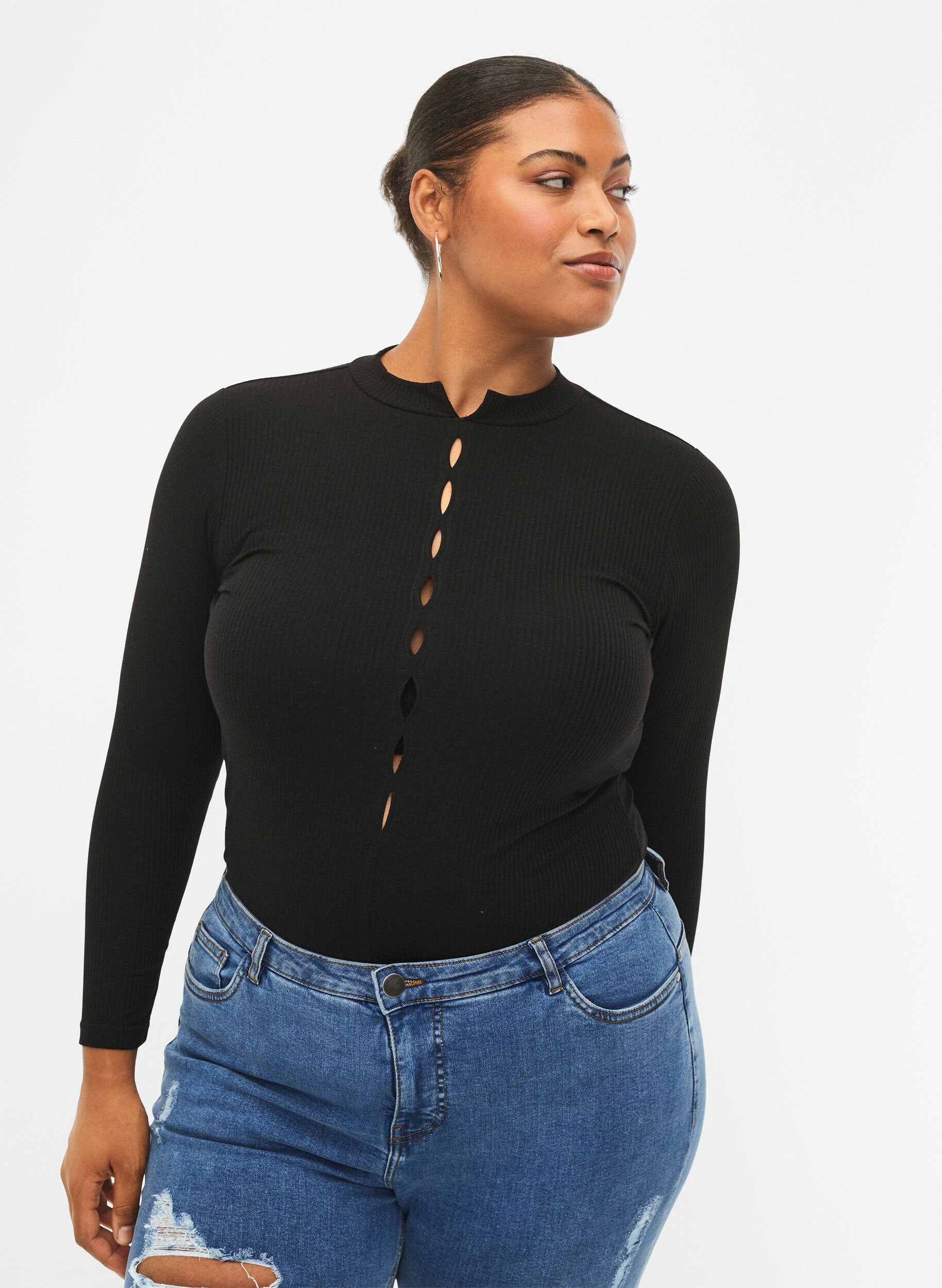 ZizziLang&auml;rmelige gerippte Bluse mit Lochdetails, Black, Model image number 0