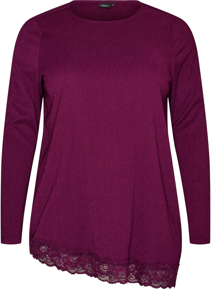 Jerseybluse mit asymmetrischem Spitzenbesatz, Lila, Packshot image number 0