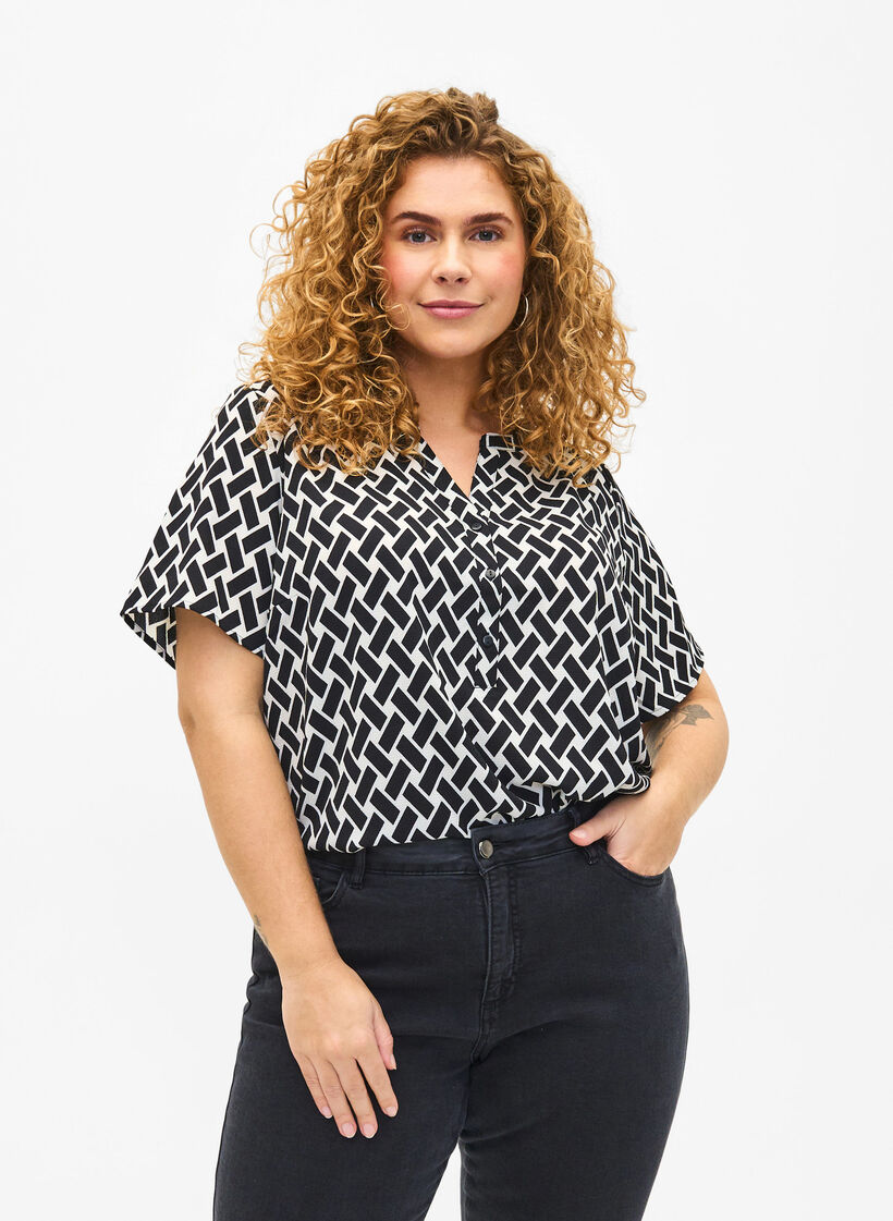 Bluse mit kurzen Ärmeln und V-Ausschnitt , Black Graphic AOP, Model image number 0