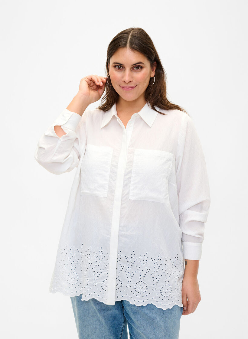 Viskoseshirt mit Lochstickerei, Bright White, Model image number 0