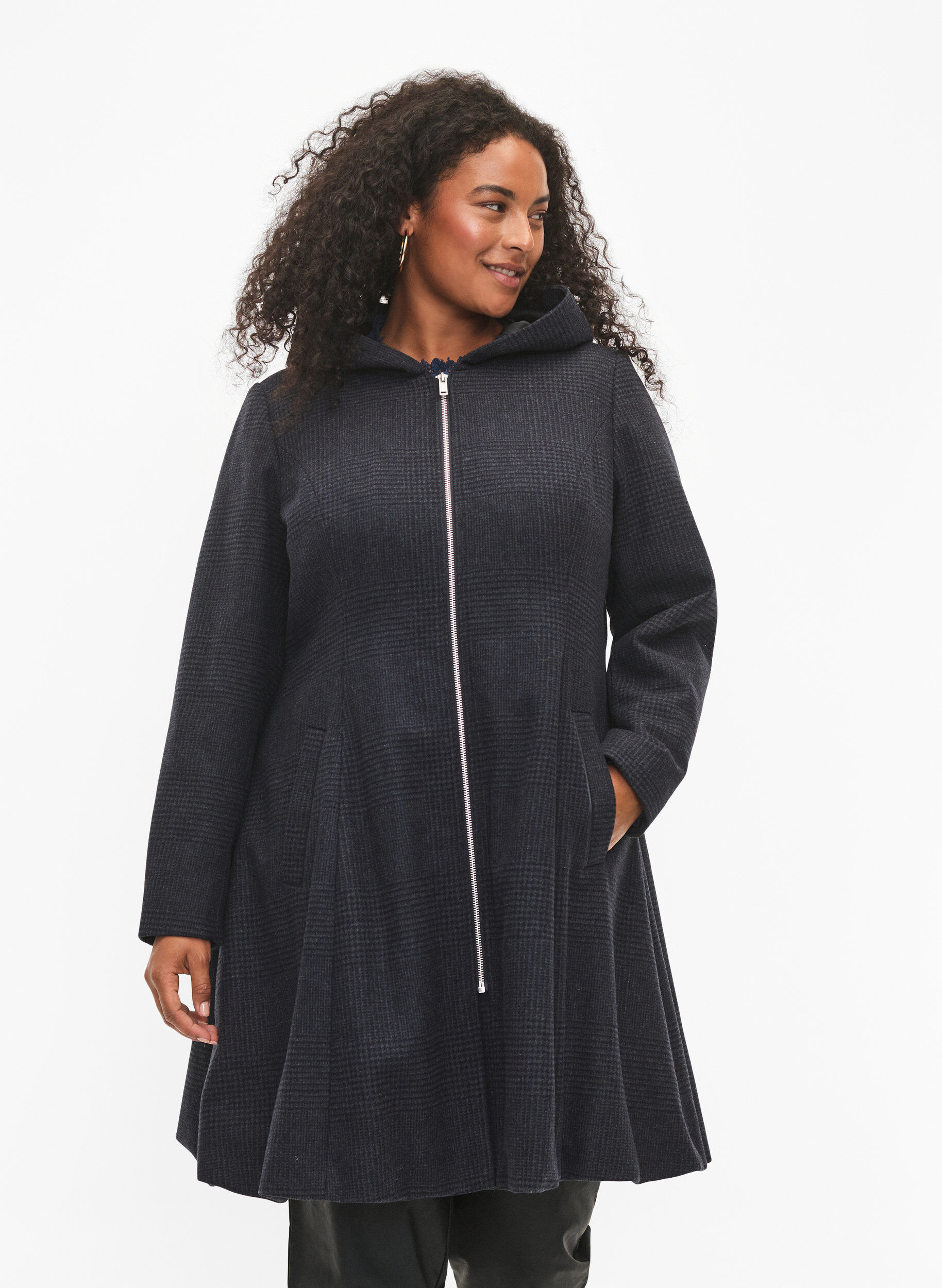 ZizziKarierter Mantel mit Wolle, Dark Grey Melange, Model image number 0