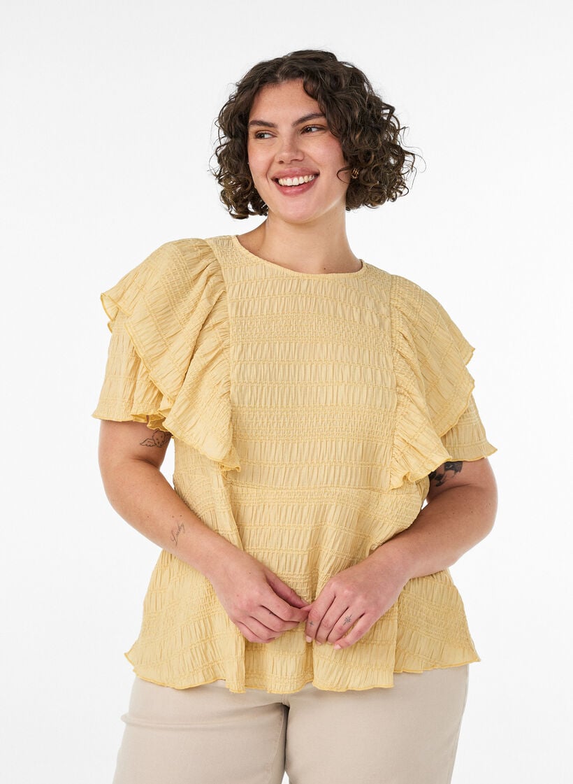 Bluse mit gesmokter Textur und R&uuml;schen&auml;rmeln, Gelb, Model image number 0