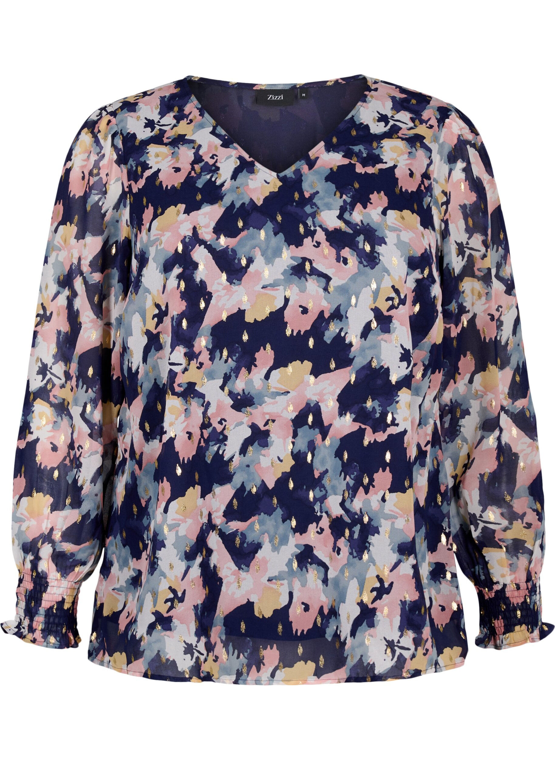 Zizzi Gebl&uuml;mte Bluse mit langen &Auml;rmeln und V-Ausschnitt, Night Sky AOP Flower, Packshot image number 0