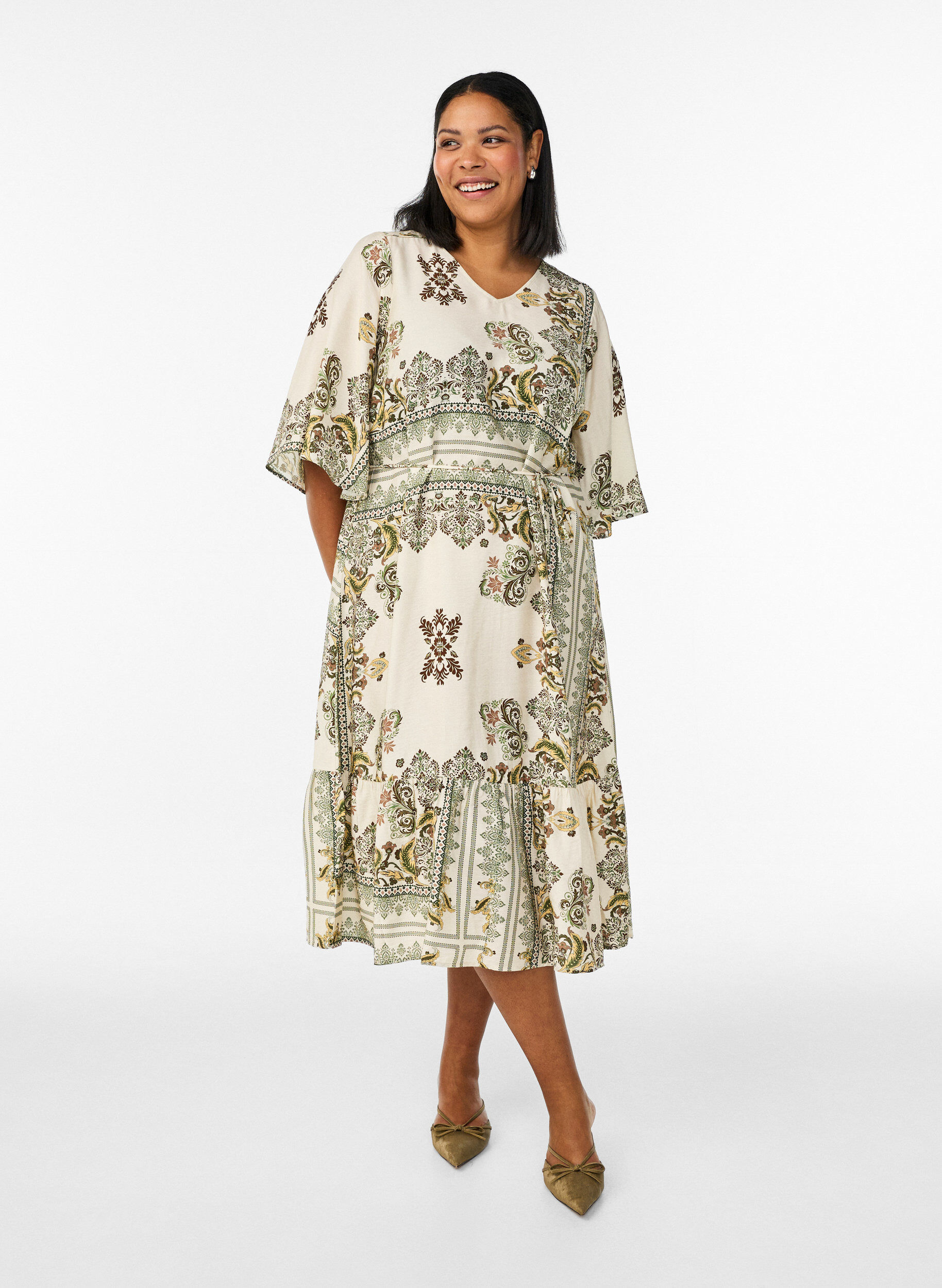 ZizziGemustertes Midikleid aus Viskose mit Bindeg&uuml;rtel, Gr&uuml;n, Model image number 0