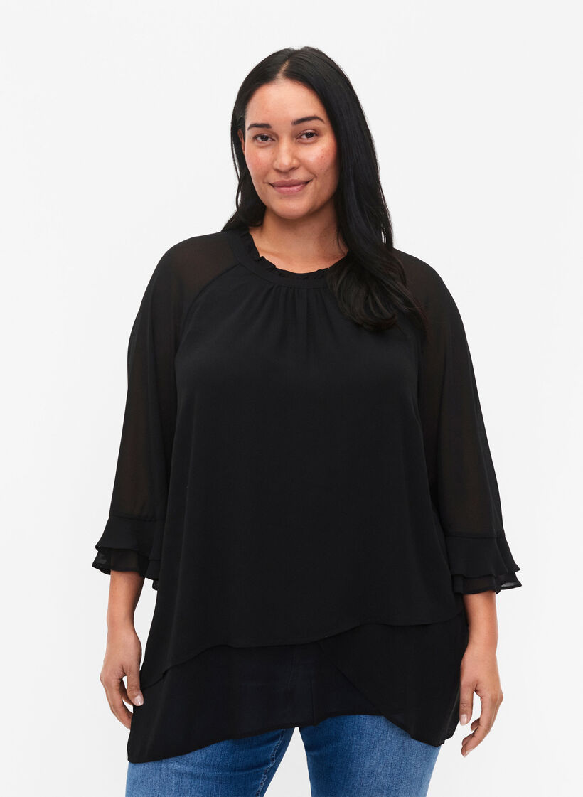 Bluse mit asymmetrischem Saum und 3/4 Ärmeln, Black, Model image number 0