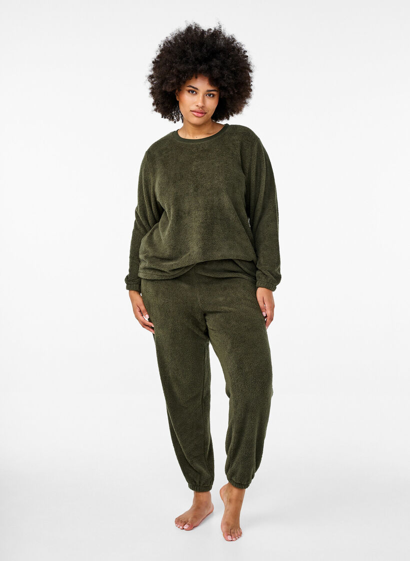 Lockere Teddy-Bluse mit Rundhalsausschnitt, Forest Night, Model image number 2