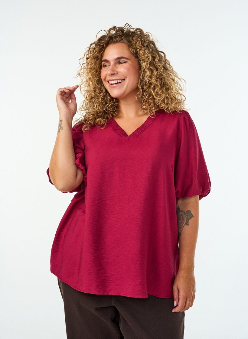 Bluse mit Ballon&auml;rmeln und V-Ausschnitt, Rot, Model image number 0
