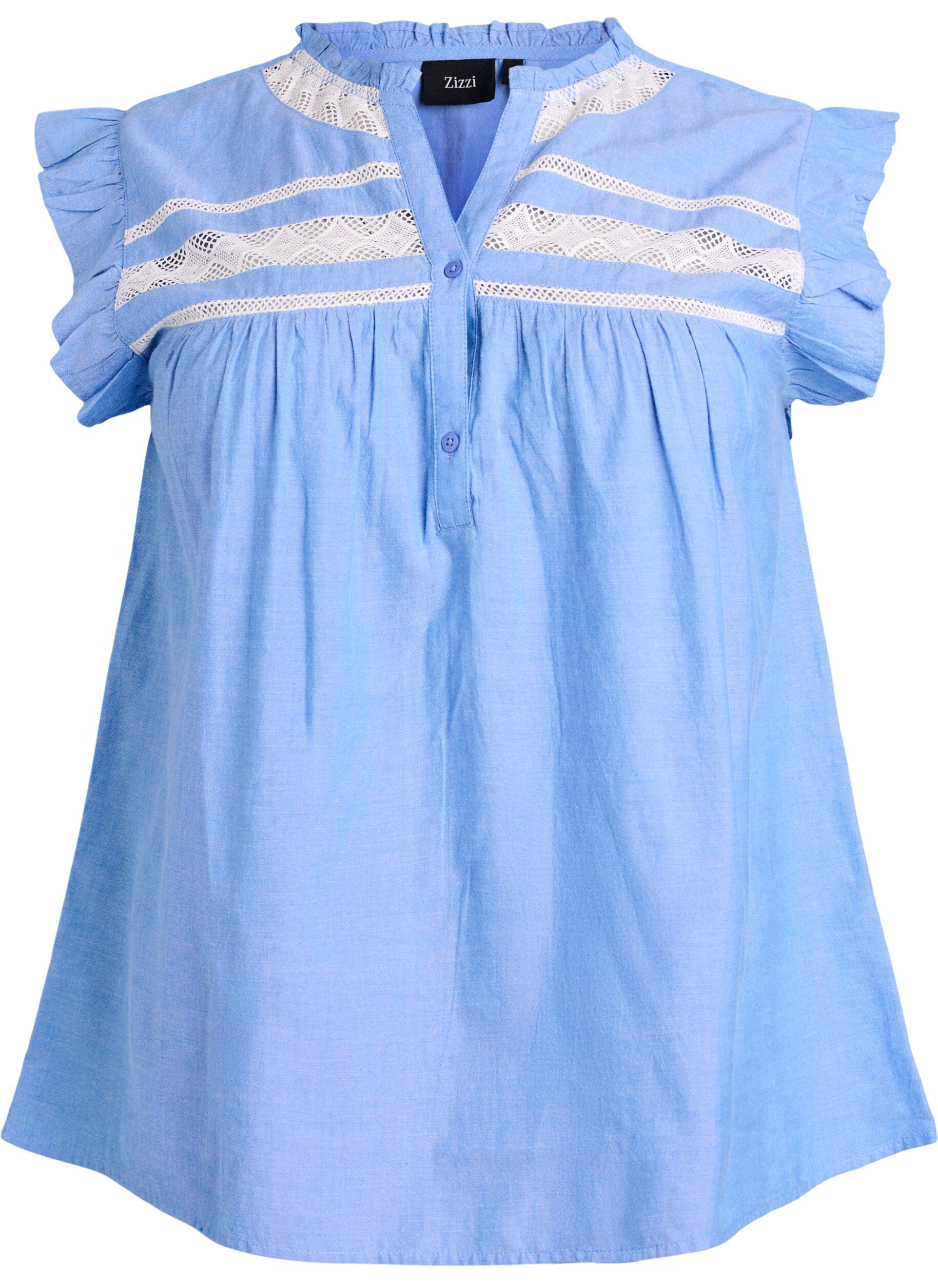 Zizzi&Auml;rmellose Bluse aus Baumwolle mit R&uuml;schenkanten, Blau, Packshot image number 0